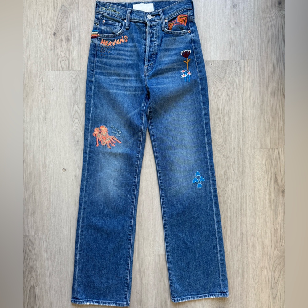 EUC MOTHER Superior Rambler Embroidered Blue Denim Jeans Size 24